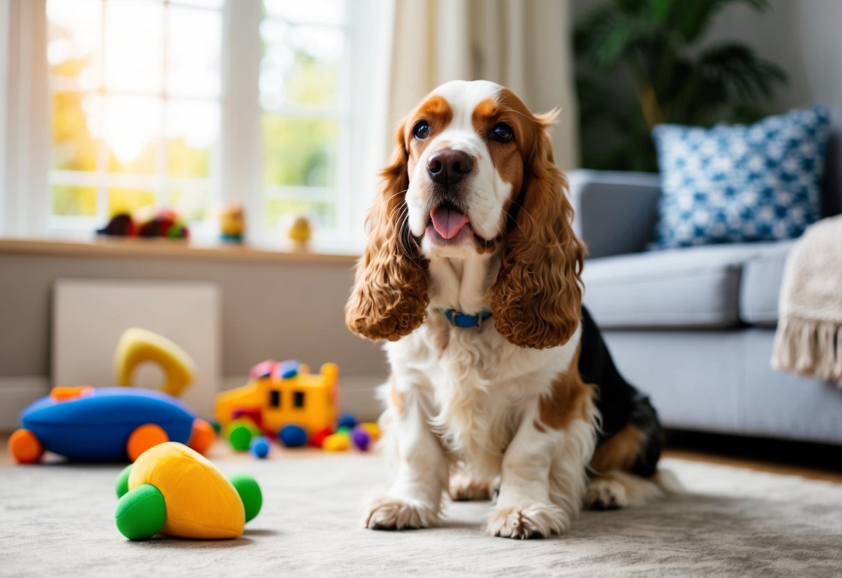 A cocker spaniel licking its paws in a cozy living room with toys scattered around and a window showing a sunny outdoor scene