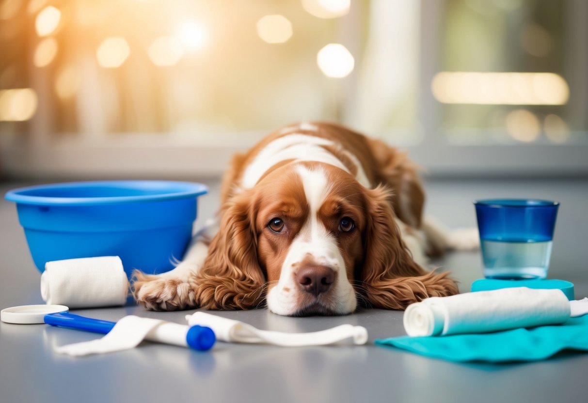 A calm cocker spaniel lying down, surrounded by various health-related items such as a surgical cone, bandages, and a water bowl