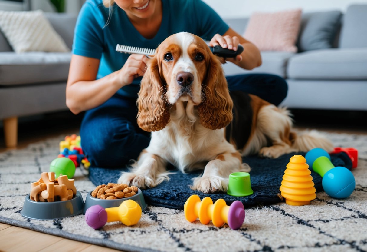 A cocker spaniel sitting on a cozy rug, surrounded by various chew toys and a filled food puzzle, while being gently brushed by its owner