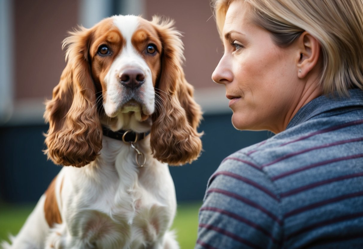 A cocker spaniel stands alert, ears perked and tail raised, positioned in front of its owner, exuding a sense of protectiveness