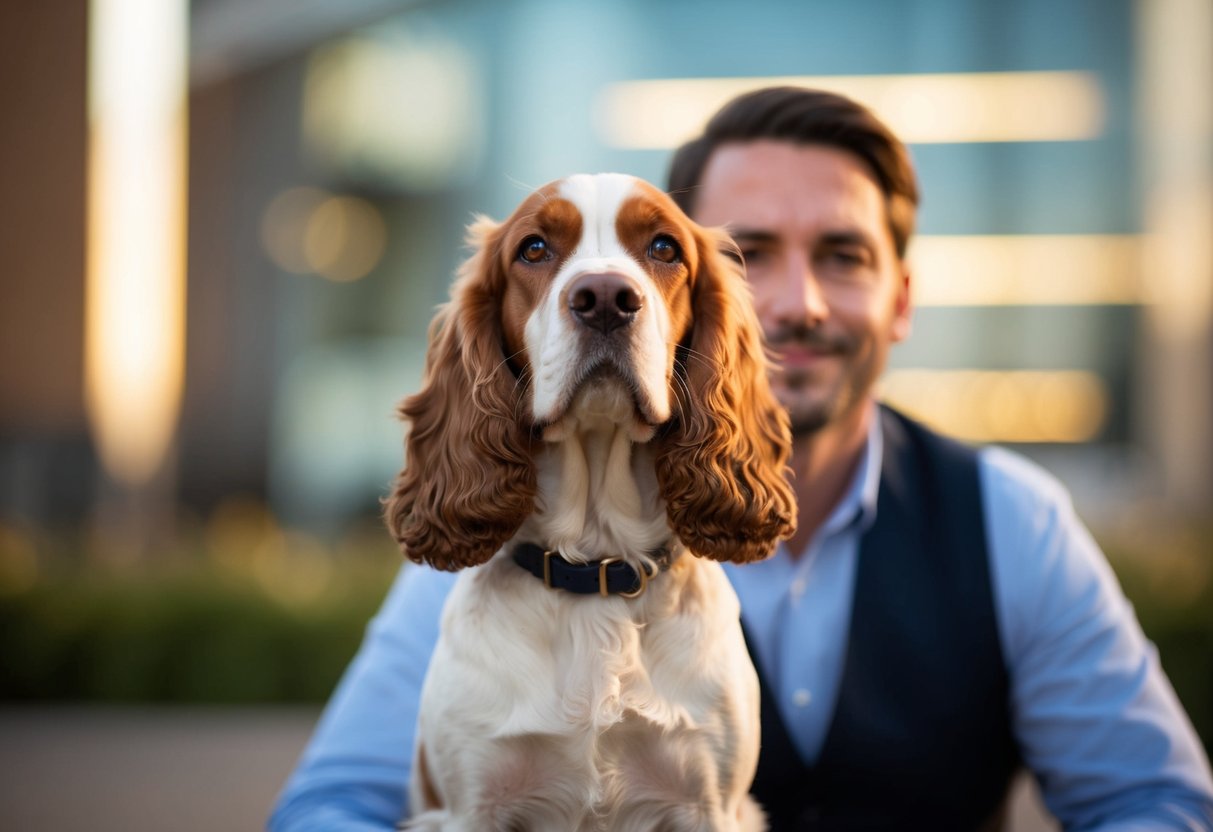 A cocker spaniel stands proudly in front of its owner, tail wagging and ears perked up, exuding a sense of protectiveness and loyalty