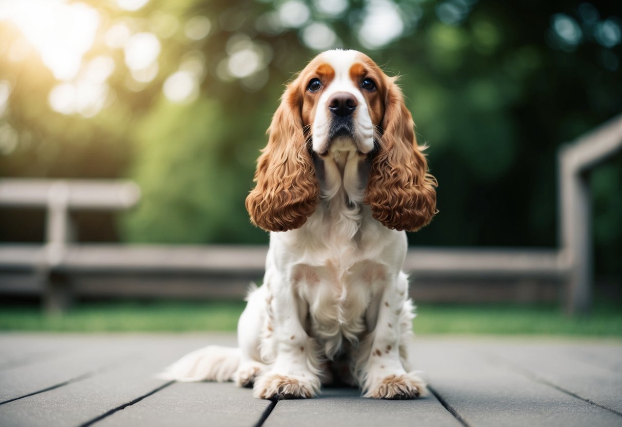 A cocker spaniel stands alert, ears perked and tail raised, positioned in front of its owner with a vigilant expression