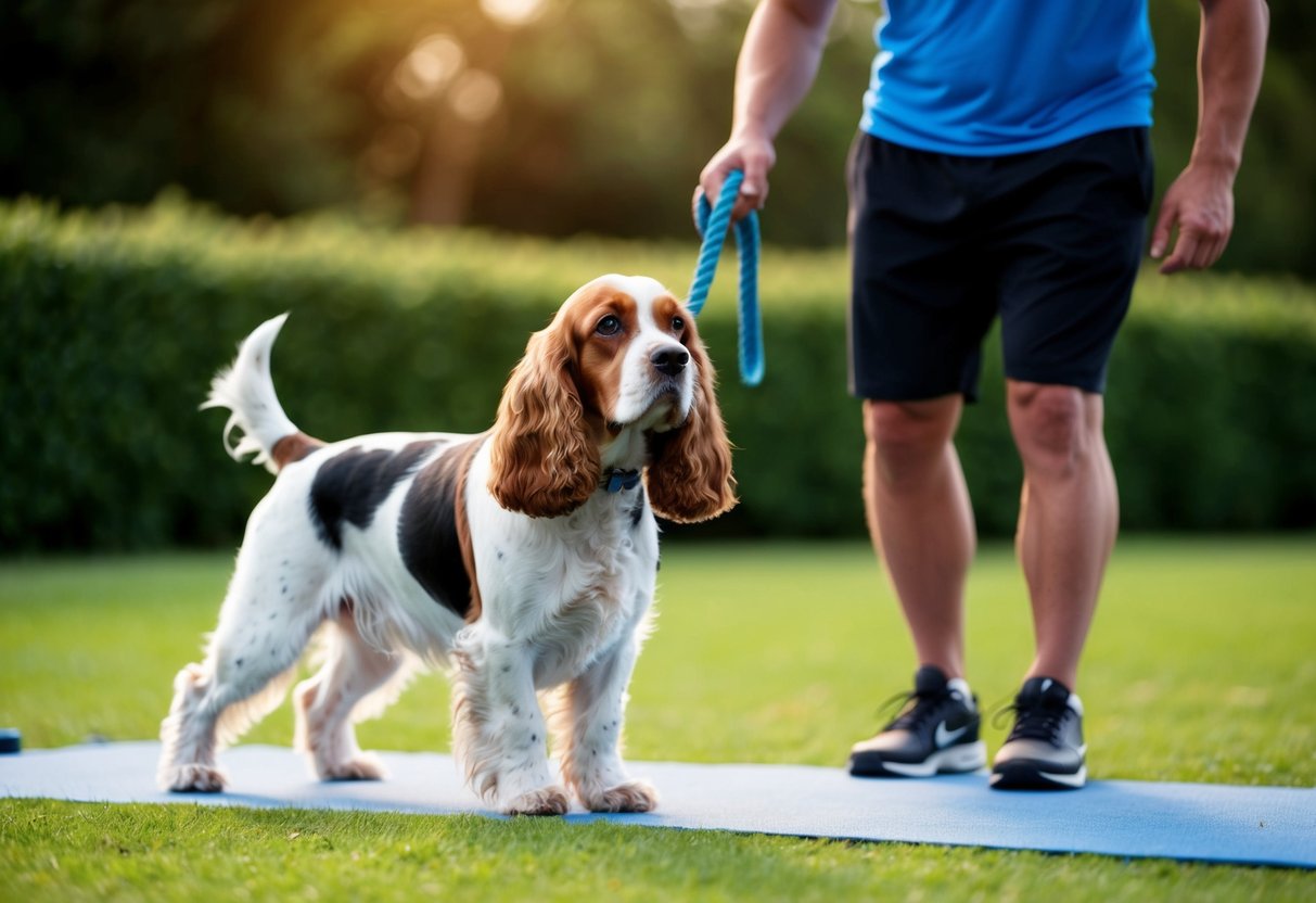 A cocker spaniel stands alert beside its owner during a peaceful outdoor exercise session, exuding a sense of protective loyalty