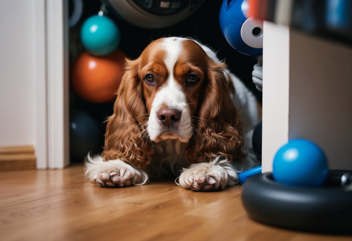 A trembling cocker spaniel cowers in a corner, surrounded by everyday objects looming like monsters