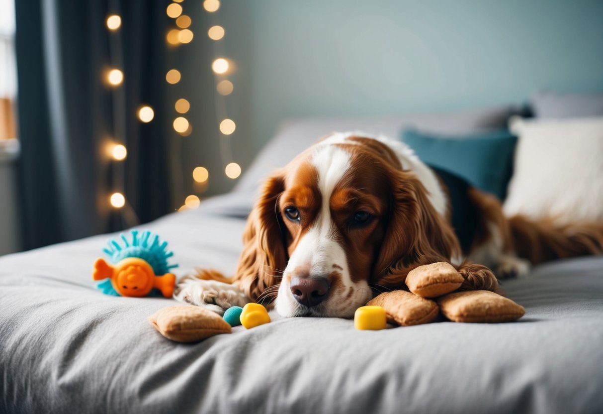 A peaceful, quiet environment with a comfortable bed, toys, and treats for a cocker spaniel