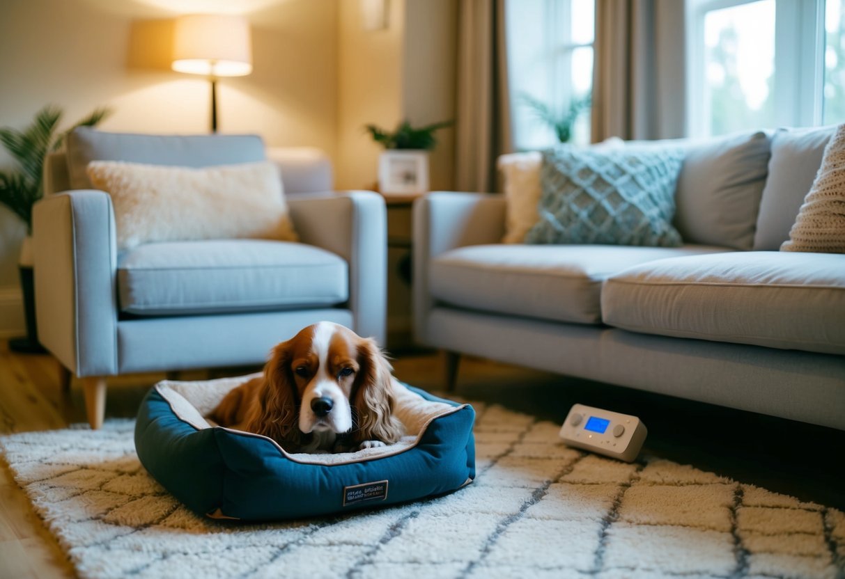 A cozy living room with soft lighting, plush furniture, and calming music playing. A small dog bed in a corner with a trembling cocker spaniel seeking comfort