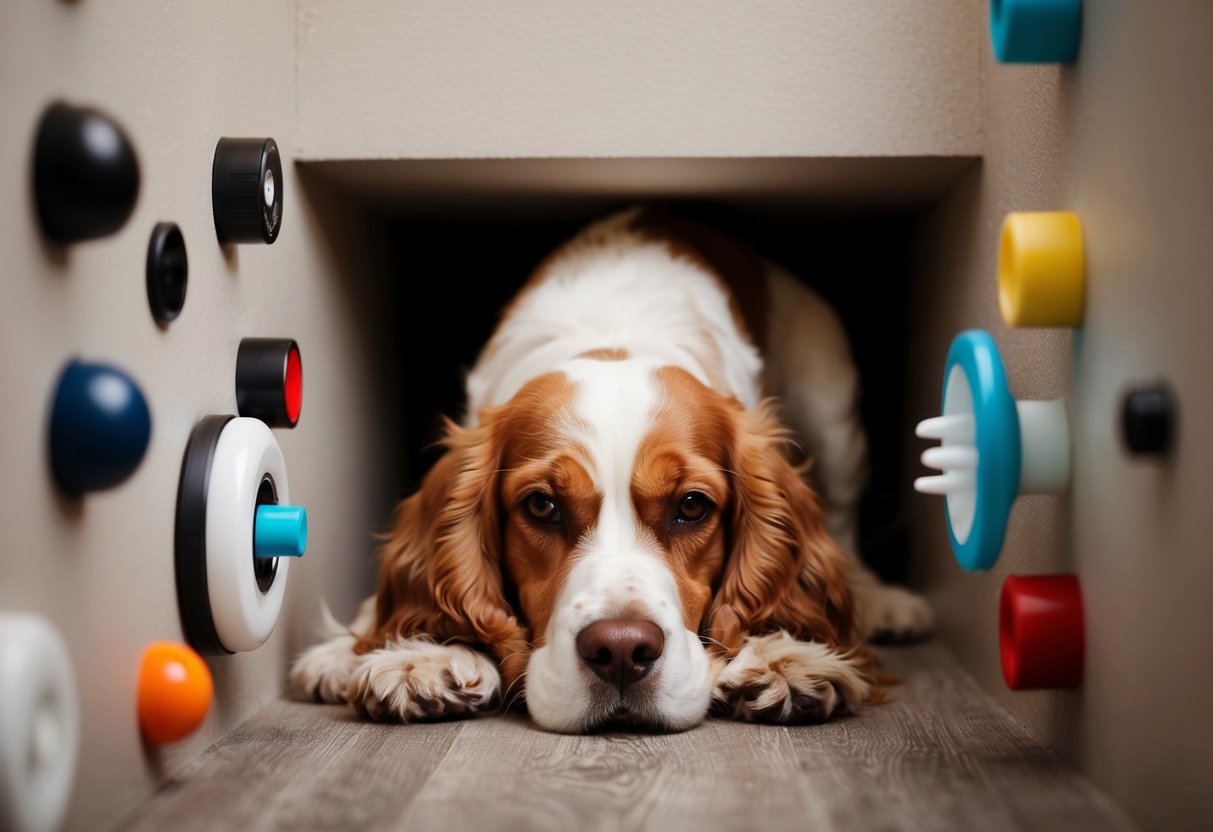A trembling cocker spaniel cowers in a corner, surrounded by various objects and stimuli that trigger its fear response