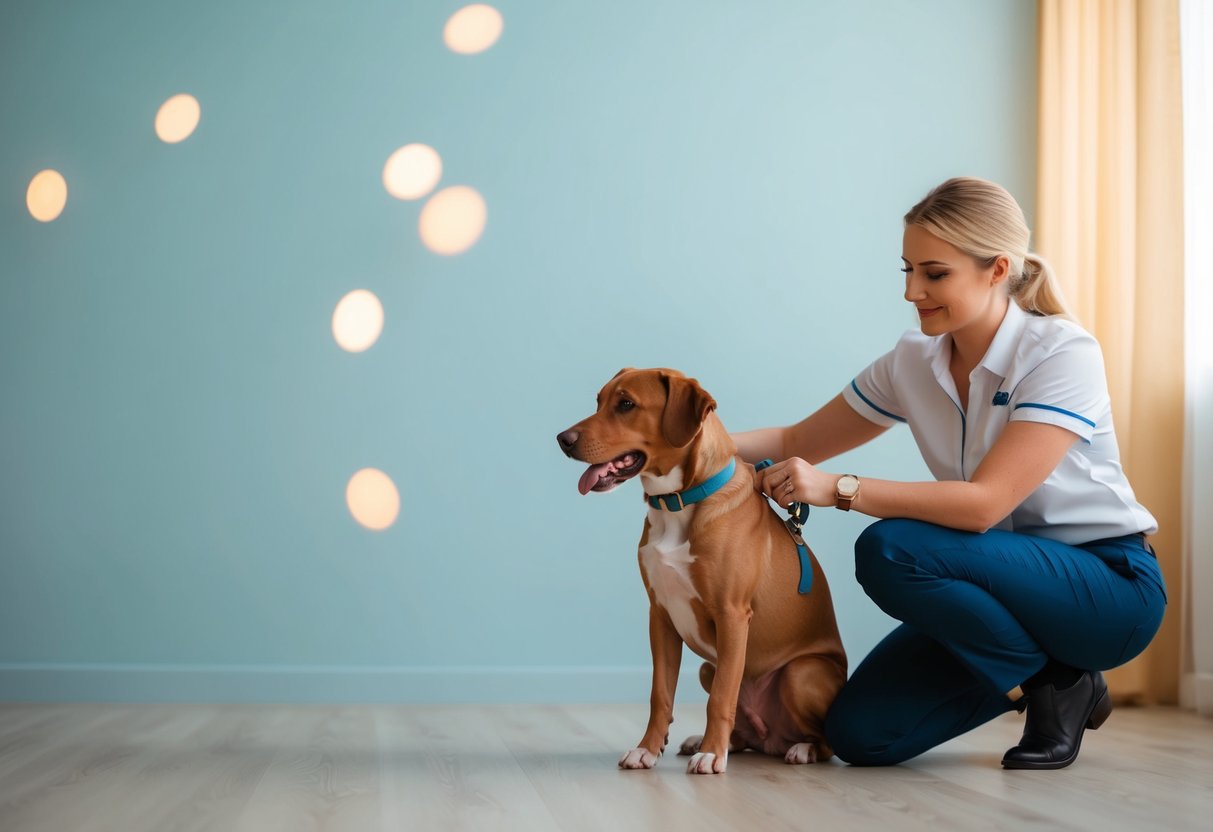 A calm, serene environment with soothing colors and soft lighting, with a dog receiving gentle, positive reinforcement training from a professional handler