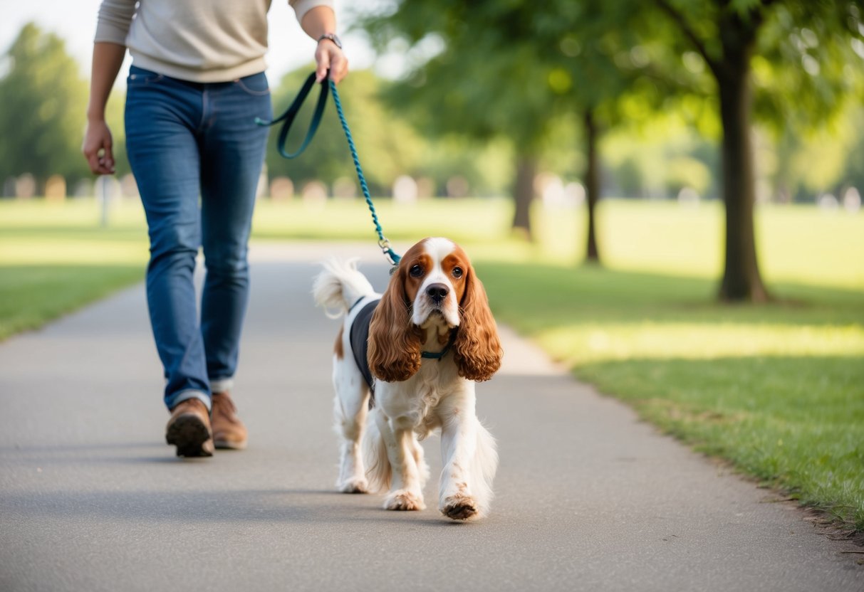 A calm, relaxed cocker spaniel being walked on a leash by its owner in a peaceful, open park setting