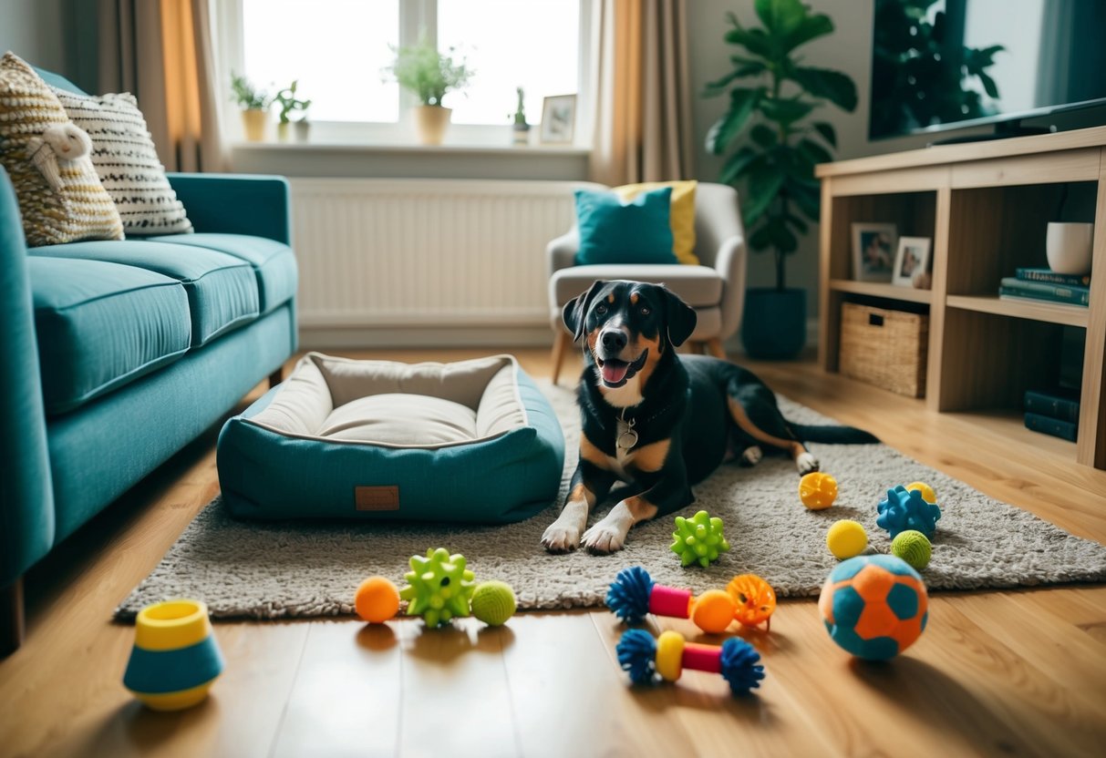 A cozy living room with a variety of interactive dog toys scattered on the floor, a comfortable dog bed, and a sunny window for natural light
