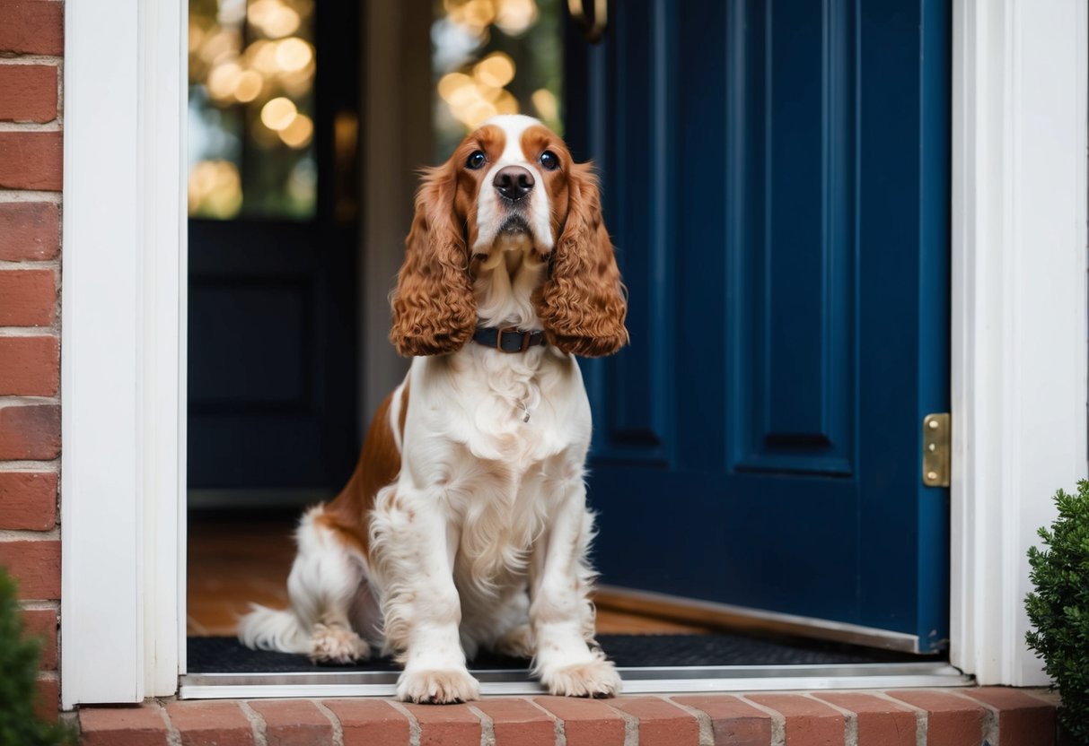 A cocker spaniel sitting by the front door, eagerly waiting for their owner to return, with a wagging tail and adoring gaze