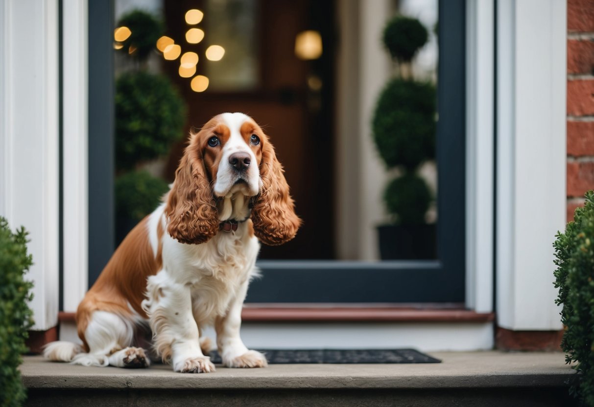 A cocker spaniel sits by the front door, eagerly waiting for its owner to return, with its tail wagging and a look of devotion in its eyes