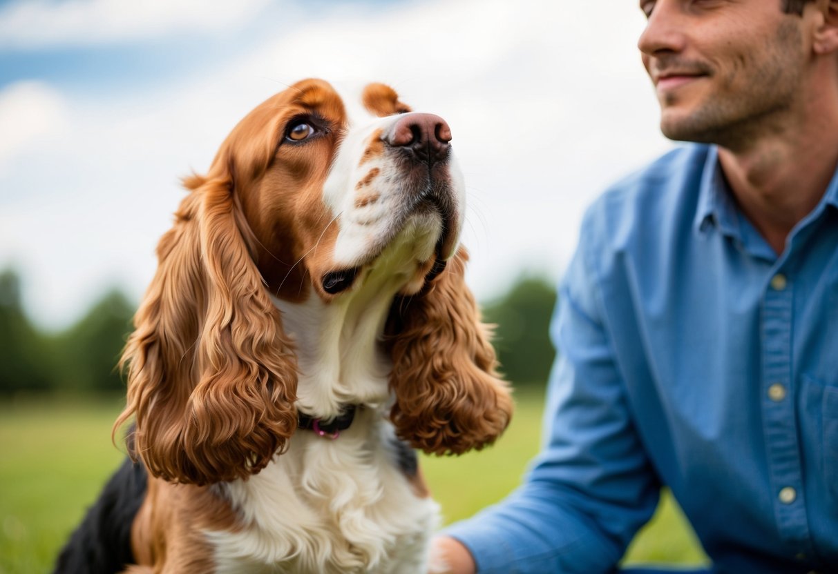A cocker spaniel sits faithfully by its owner's side, gazing up with adoring eyes