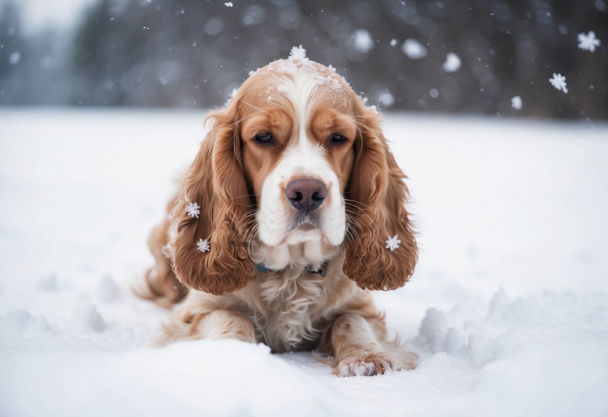 A cocker spaniel shivers in a snowy landscape, breath visible in the frigid air. Snowflakes cling to its fur as it seeks shelter from the biting cold