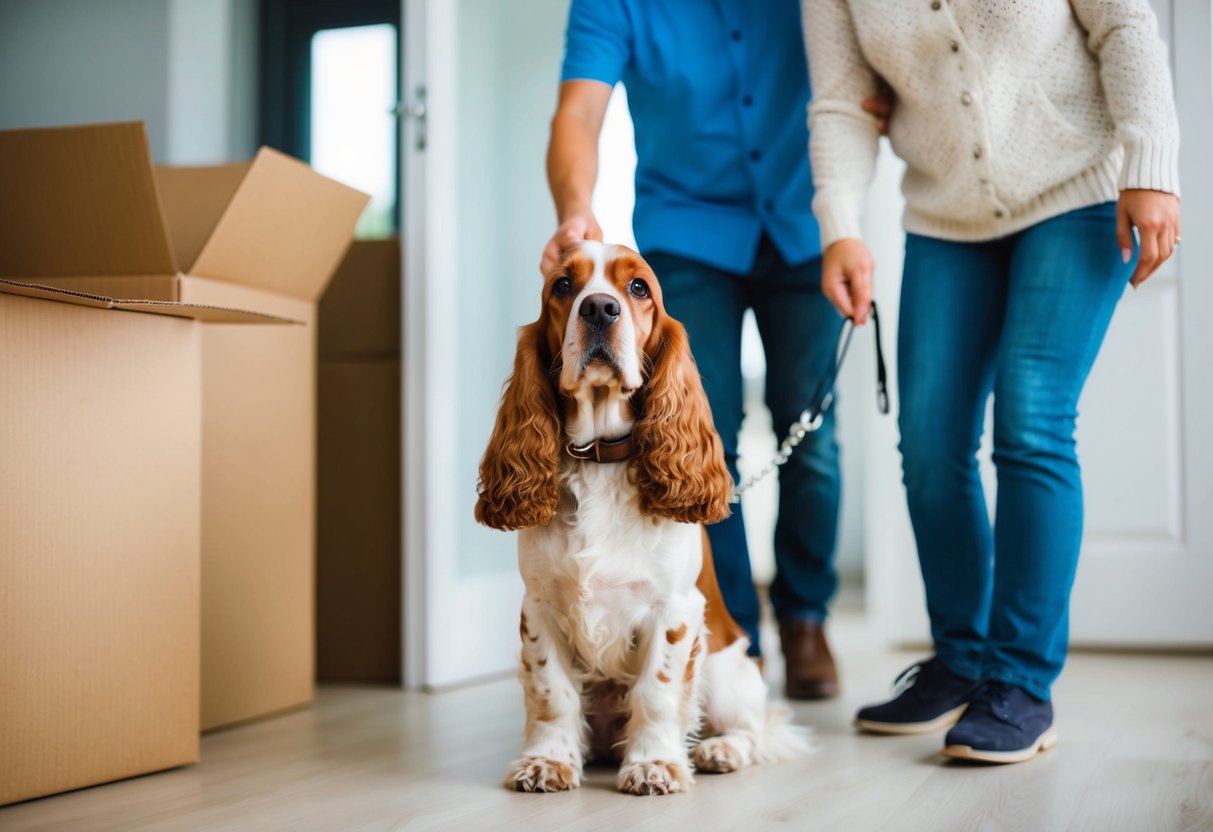 A cocker spaniel sits by the side of its owner as they move into a new home, showing loyalty and affection