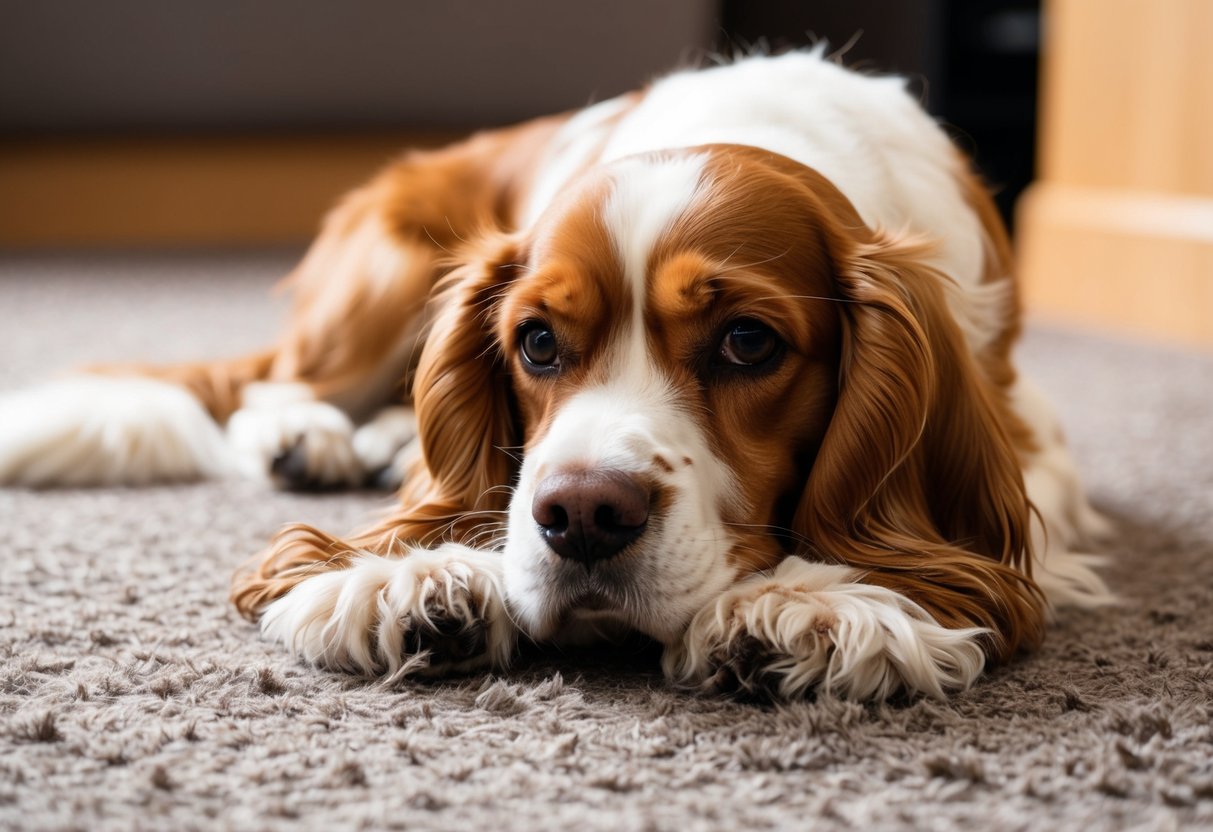 A cocker spaniel sheds its fur while lying on a carpeted floor, surrounded by tufts of hair