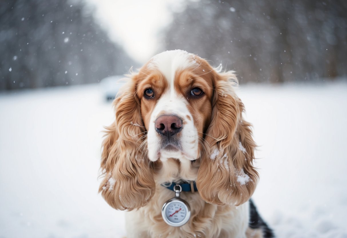 A Cocker Spaniel shivers in the snow, its fur fluffed up against the biting wind. The temperature gauge reads well below freezing