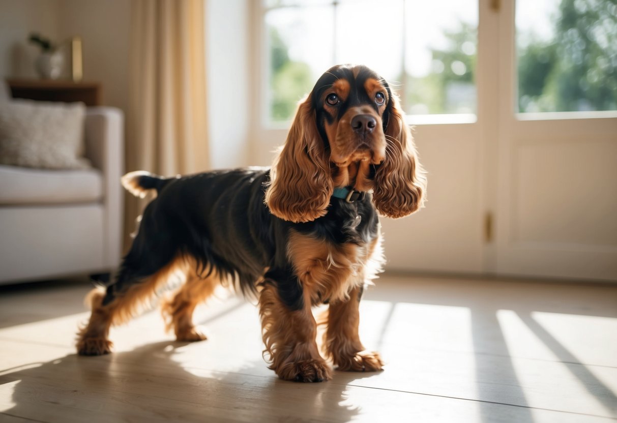 A Cocker Spaniel with a thick, glossy coat sheds small amounts of fur while standing in a sunlit room