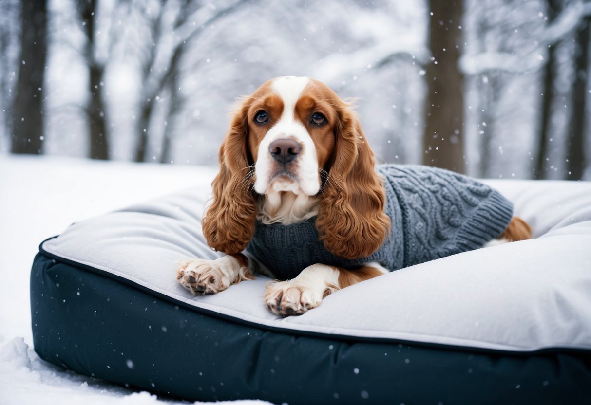 A cocker spaniel wearing a cozy sweater, nestled in a soft bed with a warm blanket, surrounded by snow-covered trees and a gentle snowfall