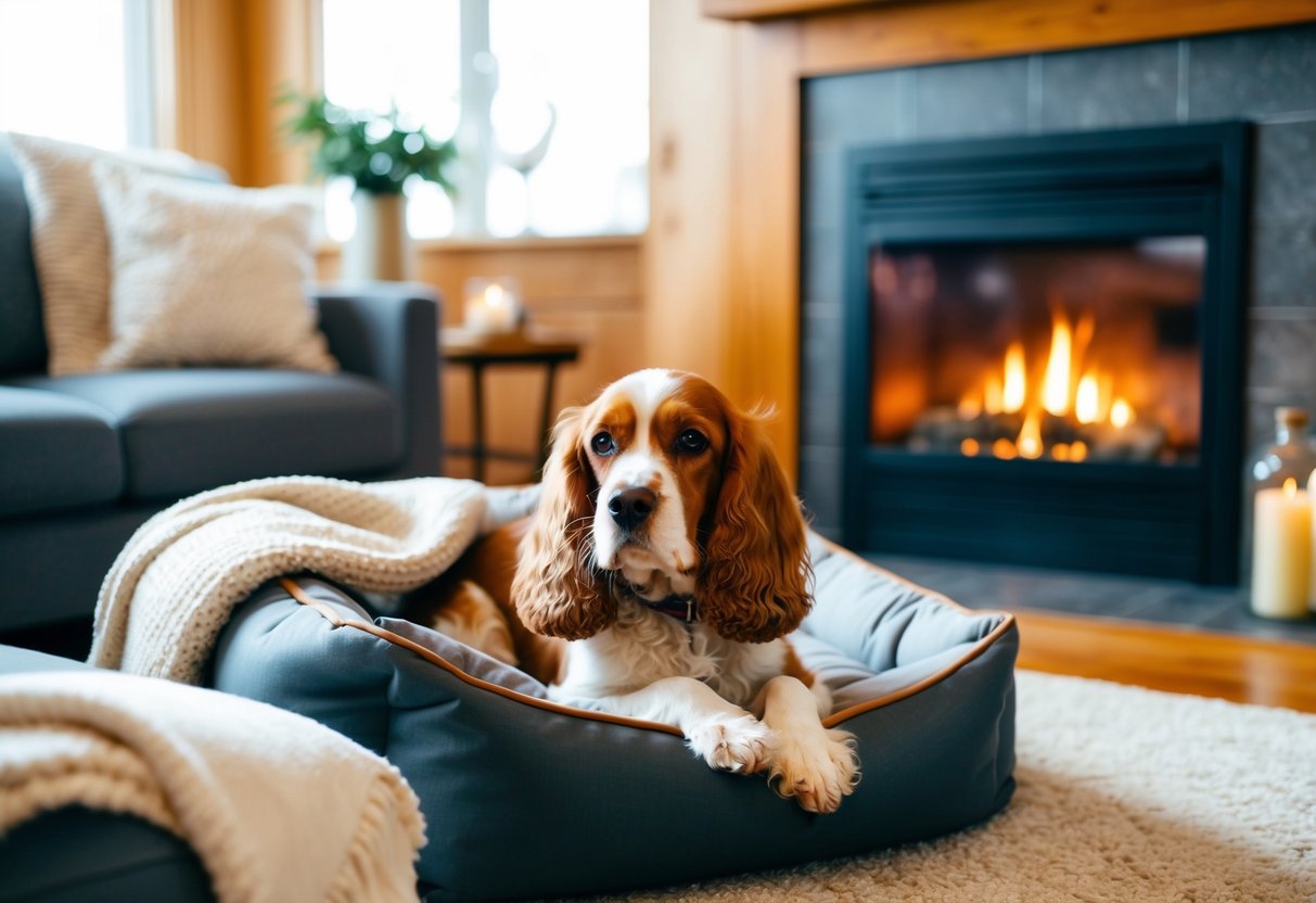 A cozy living room with a warm fireplace, soft blankets, and a comfortable dog bed for a Cocker Spaniel to snuggle in