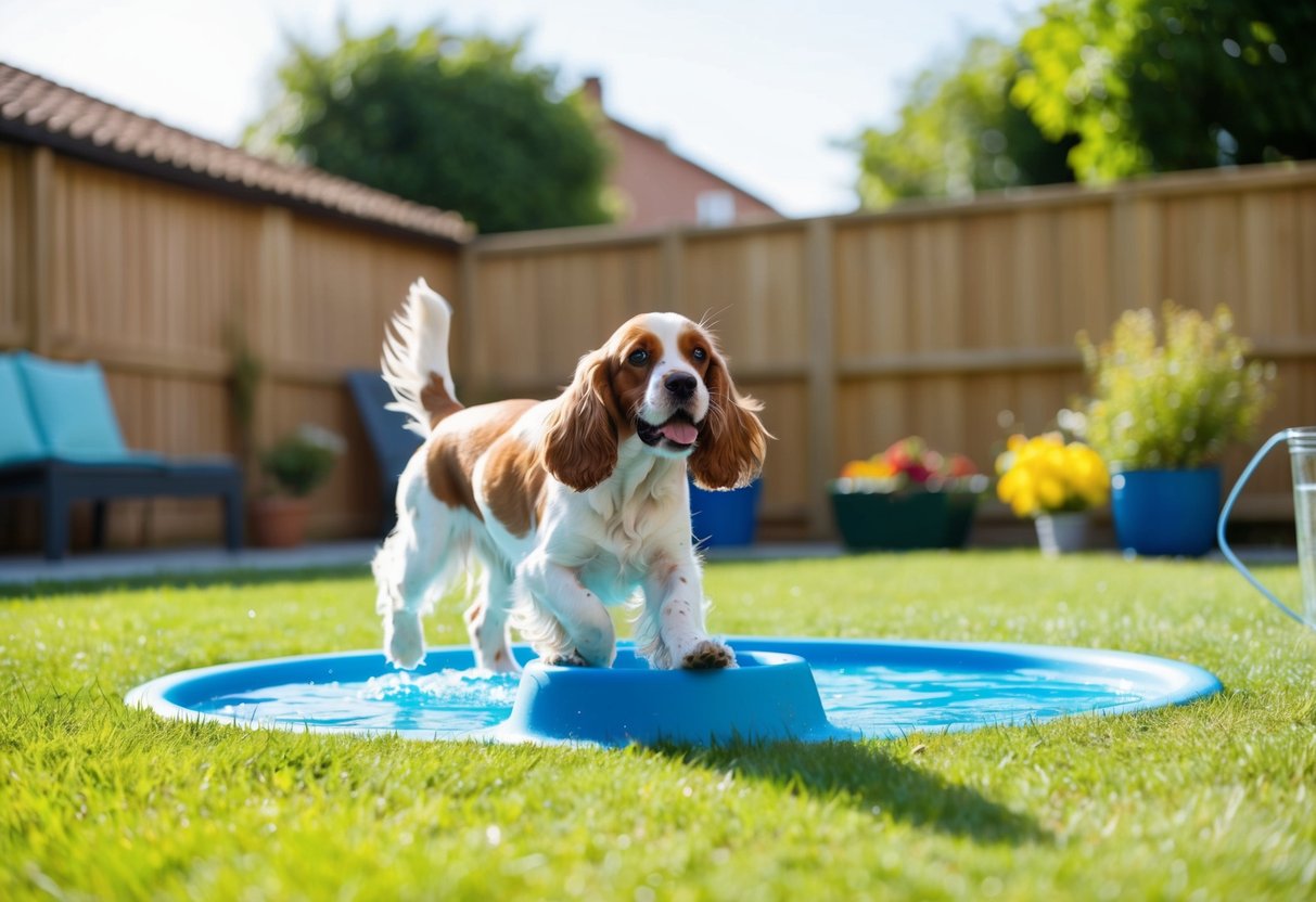 A cocker spaniel with a shiny, healthy coat playing in a sunny, spacious backyard surrounded by nutritious food and clean water