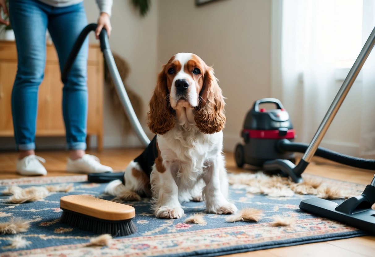 A cocker spaniel sits on a rug surrounded by loose fur. A brush and vacuum are nearby, and a person is sweeping up fur in the background