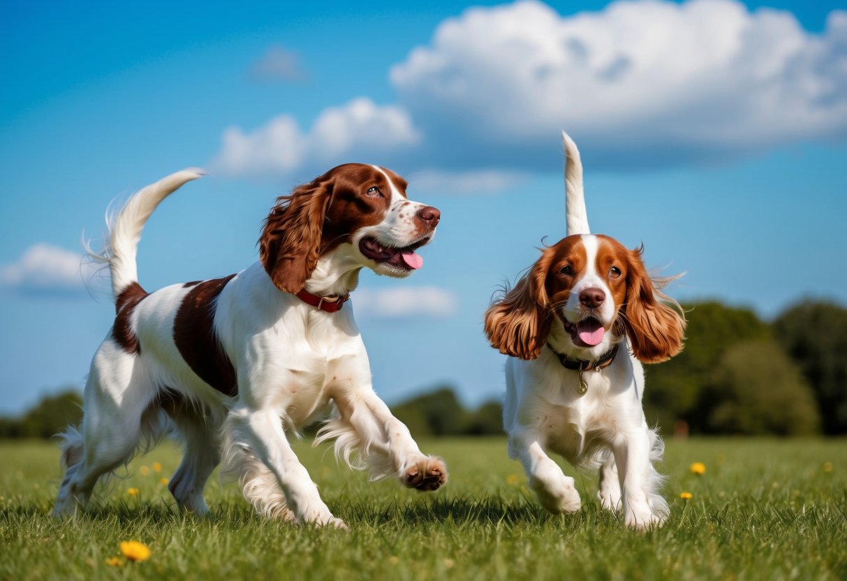 A Springer Spaniel and a Cocker Spaniel playing in a grassy field, with a clear blue sky and a few fluffy clouds overhead