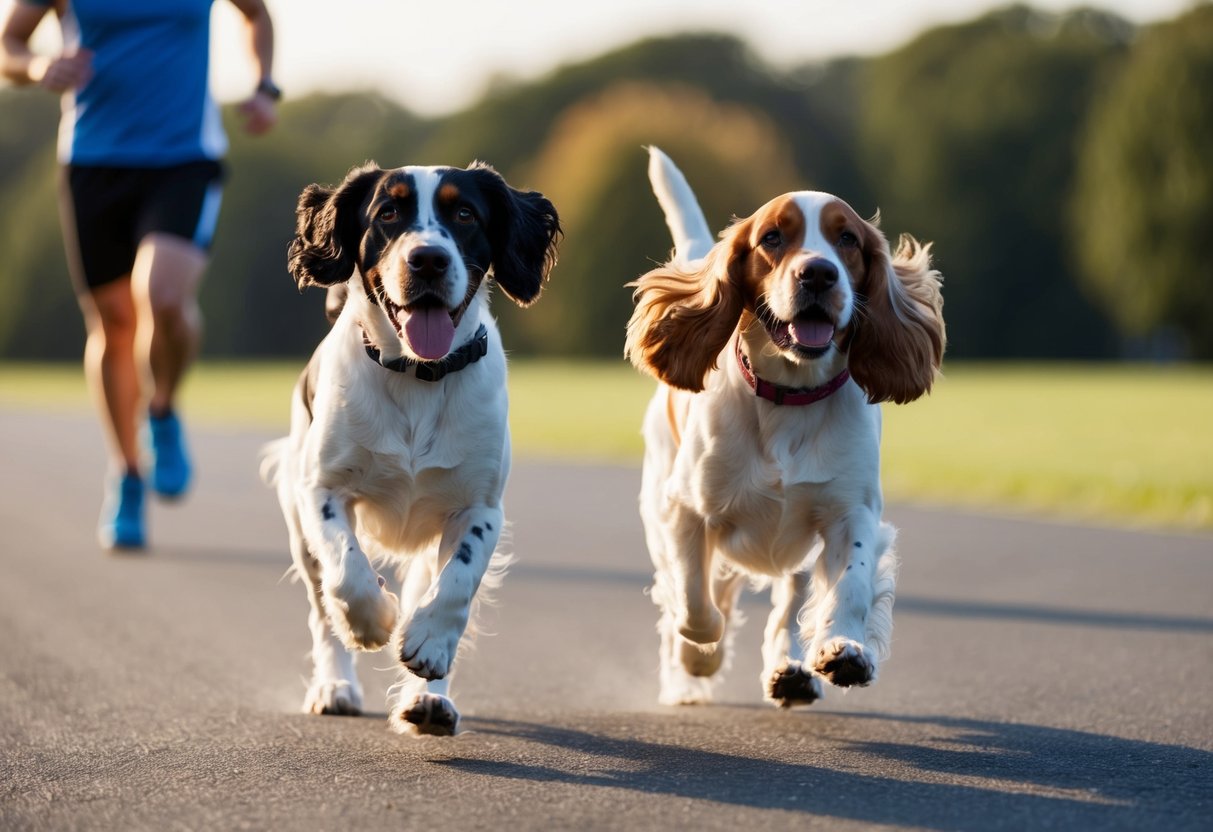A Springer Spaniel and a Cocker Spaniel running side by side, with a person in athletic gear in the background