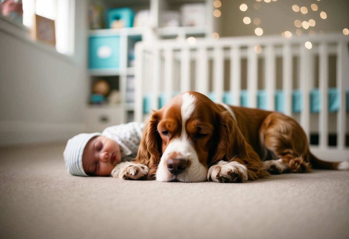A cocker spaniel lies calmly next to a sleeping baby in a cozy nursery