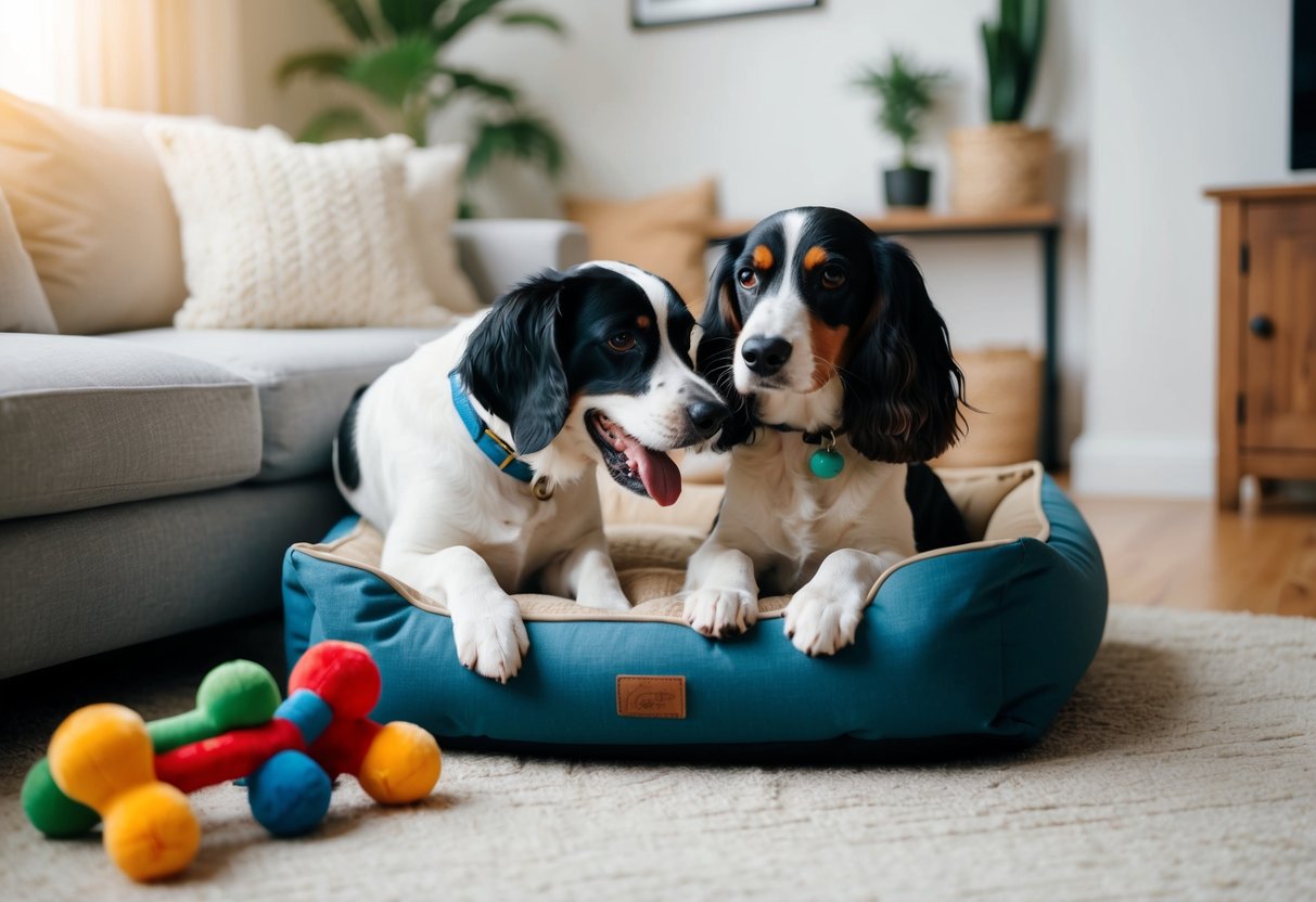 A springer and a cocker playing together in a cozy living room, surrounded by toys and a comfortable dog bed