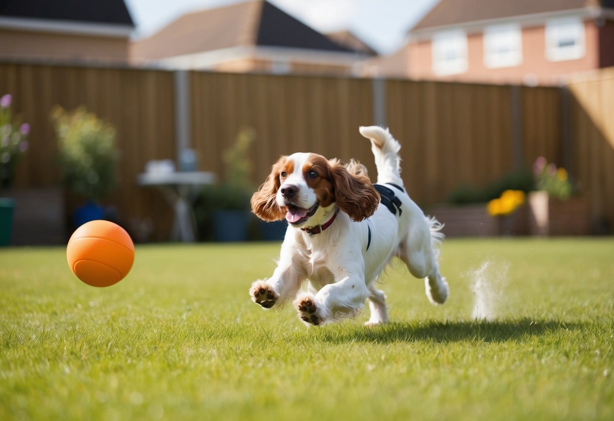 A cocker spaniel running freely in a spacious backyard, chasing after a ball with joy and energy