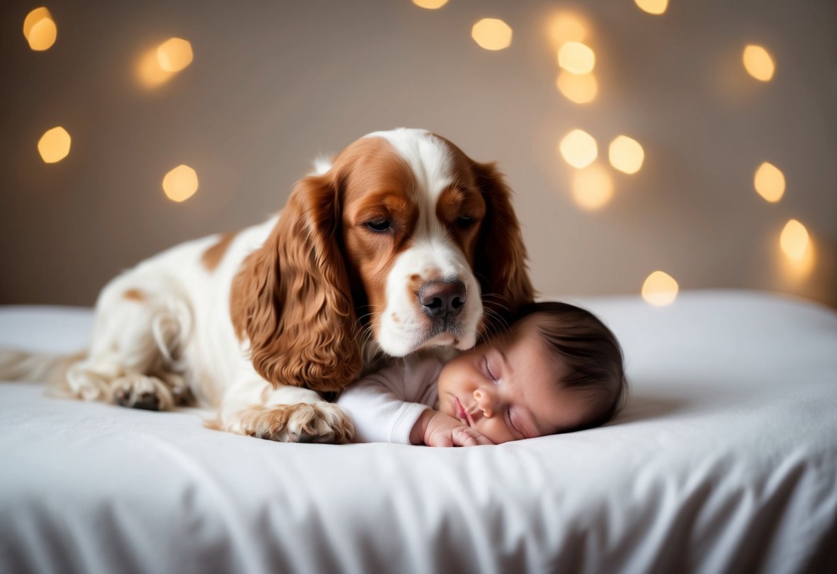 A Cocker Spaniel calmly sits by a sleeping baby, showing a gentle and protective temperament