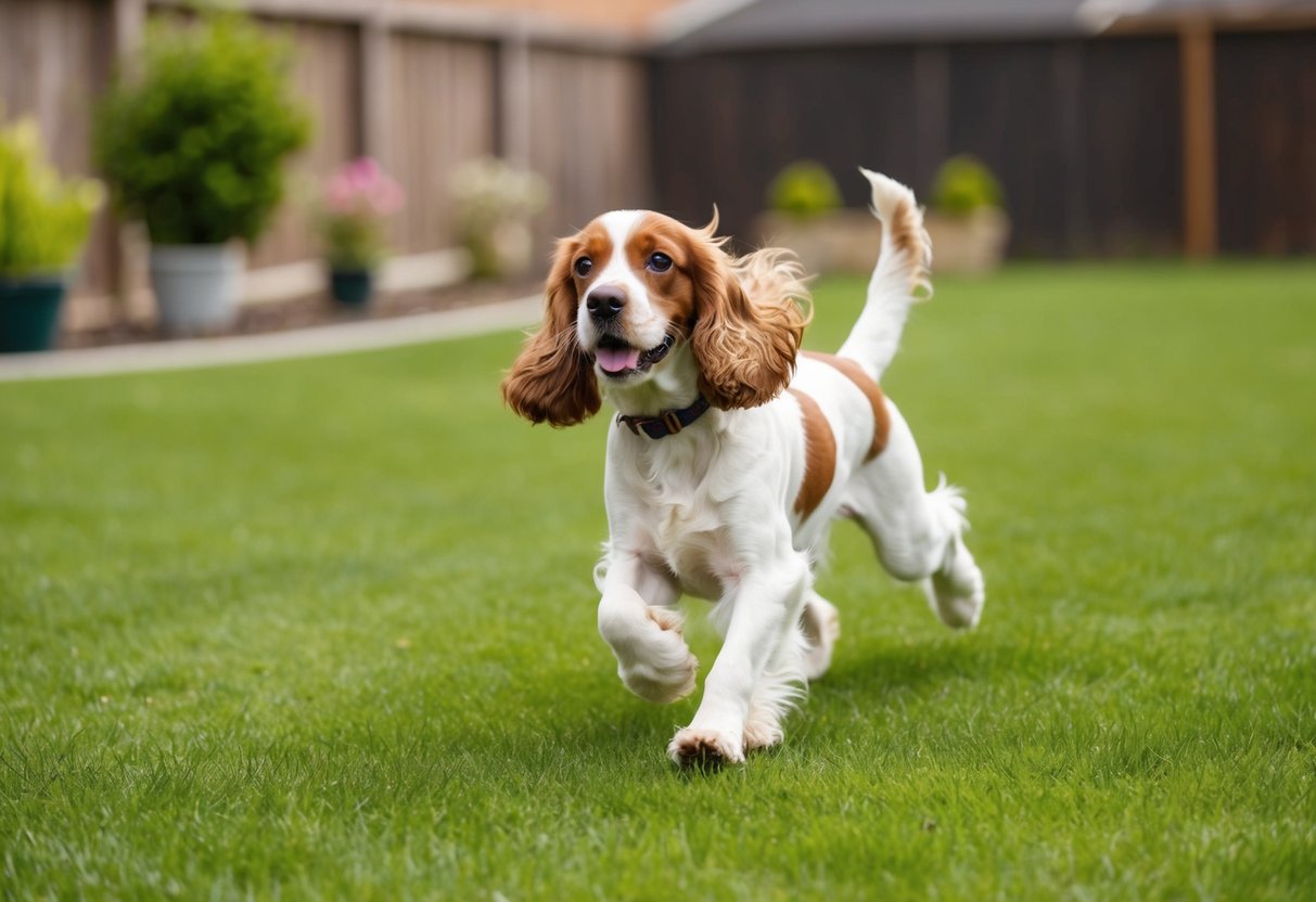 A Cocker Spaniel happily plays in a spacious backyard, with plenty of room to run and explore