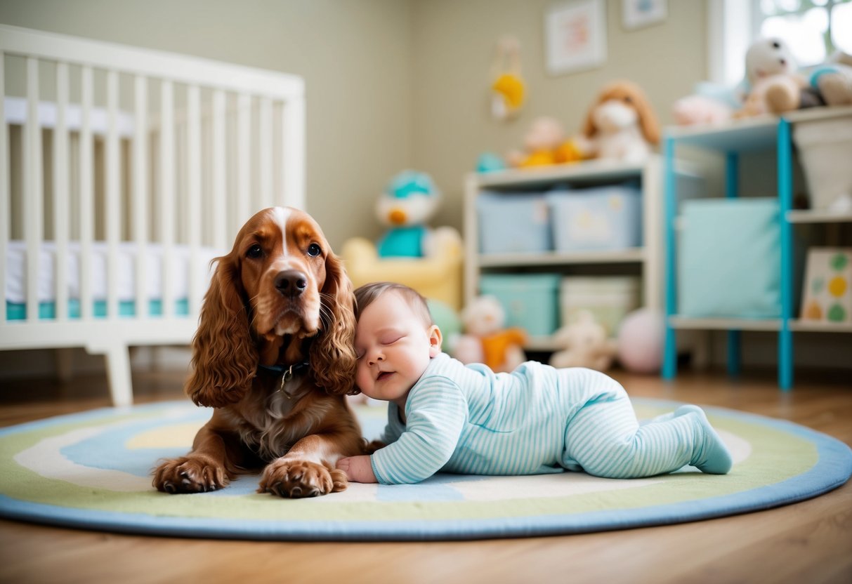 A smiling cocker spaniel sits calmly next to a sleeping baby in a cozy nursery with childproofed furniture and soft, plush toys scattered around the room