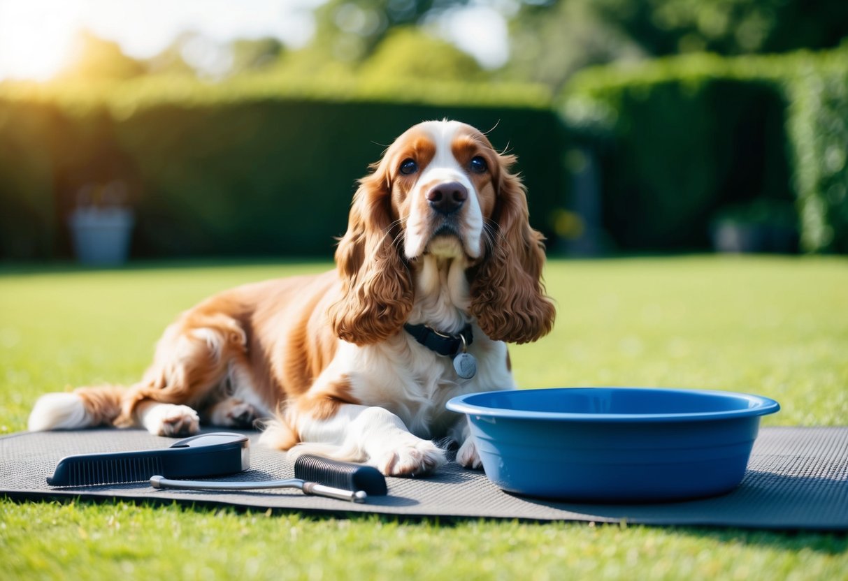 A cocker spaniel lounges in a spacious, well-groomed yard, surrounded by grooming tools and a large water bowl