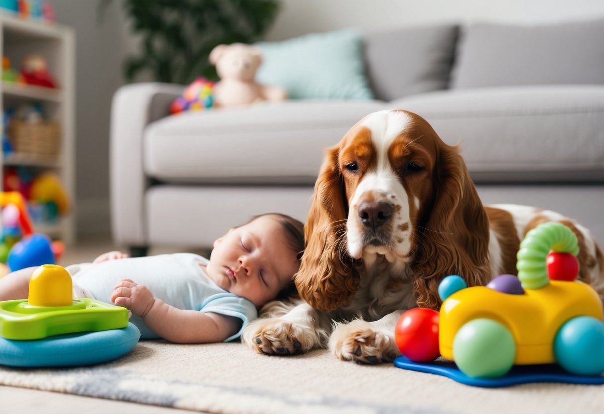A Cocker Spaniel sits calmly next to a sleeping baby in a cozy living room, surrounded by toys and baby gear
