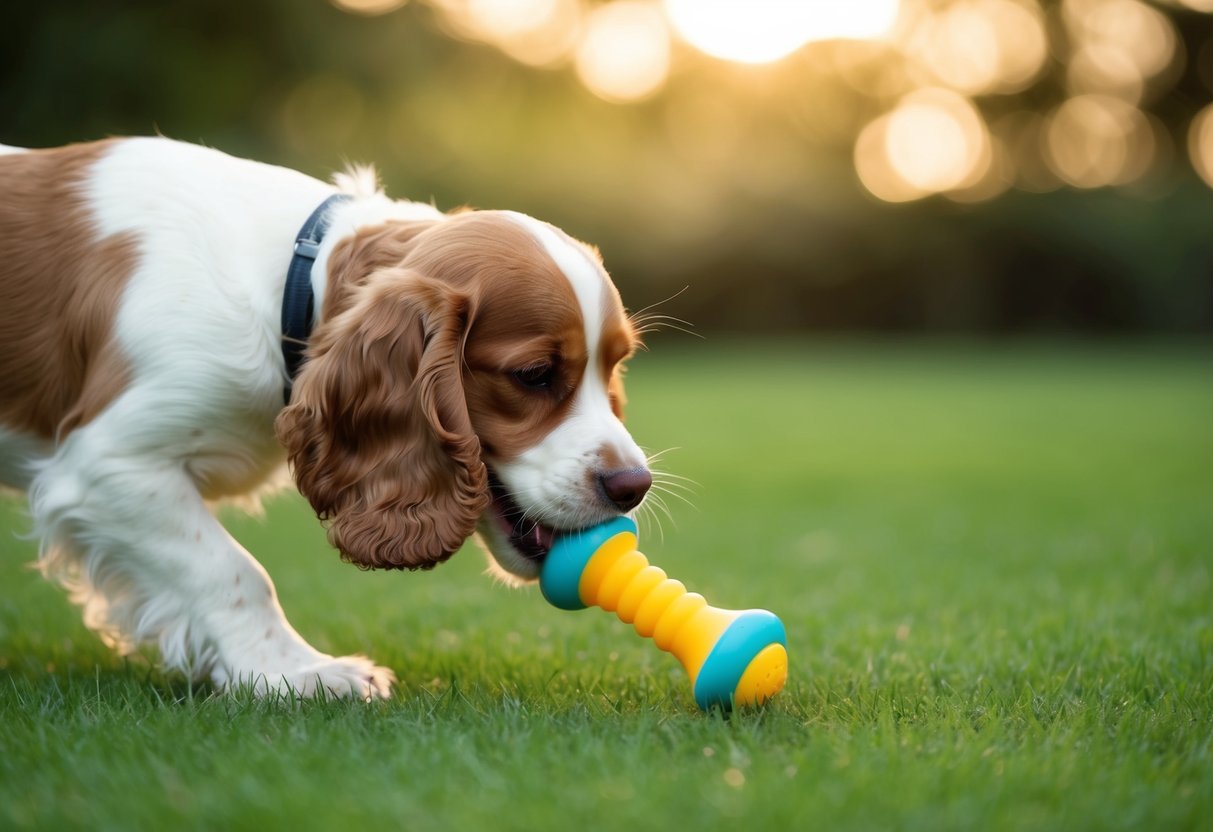 A cocker spaniel playfully nips at a chew toy, tail wagging