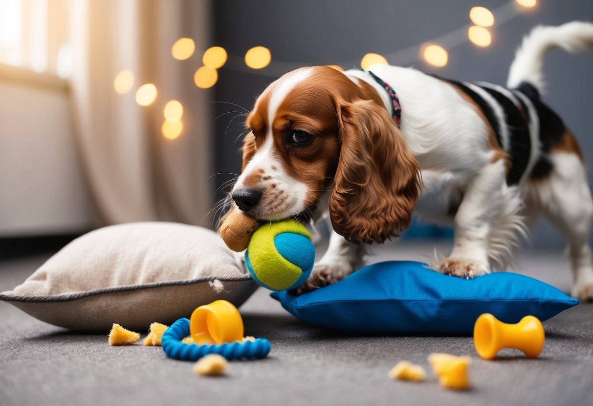 A cocker spaniel nipping at a toy, with a torn pillow nearby and scattered chewed-up items