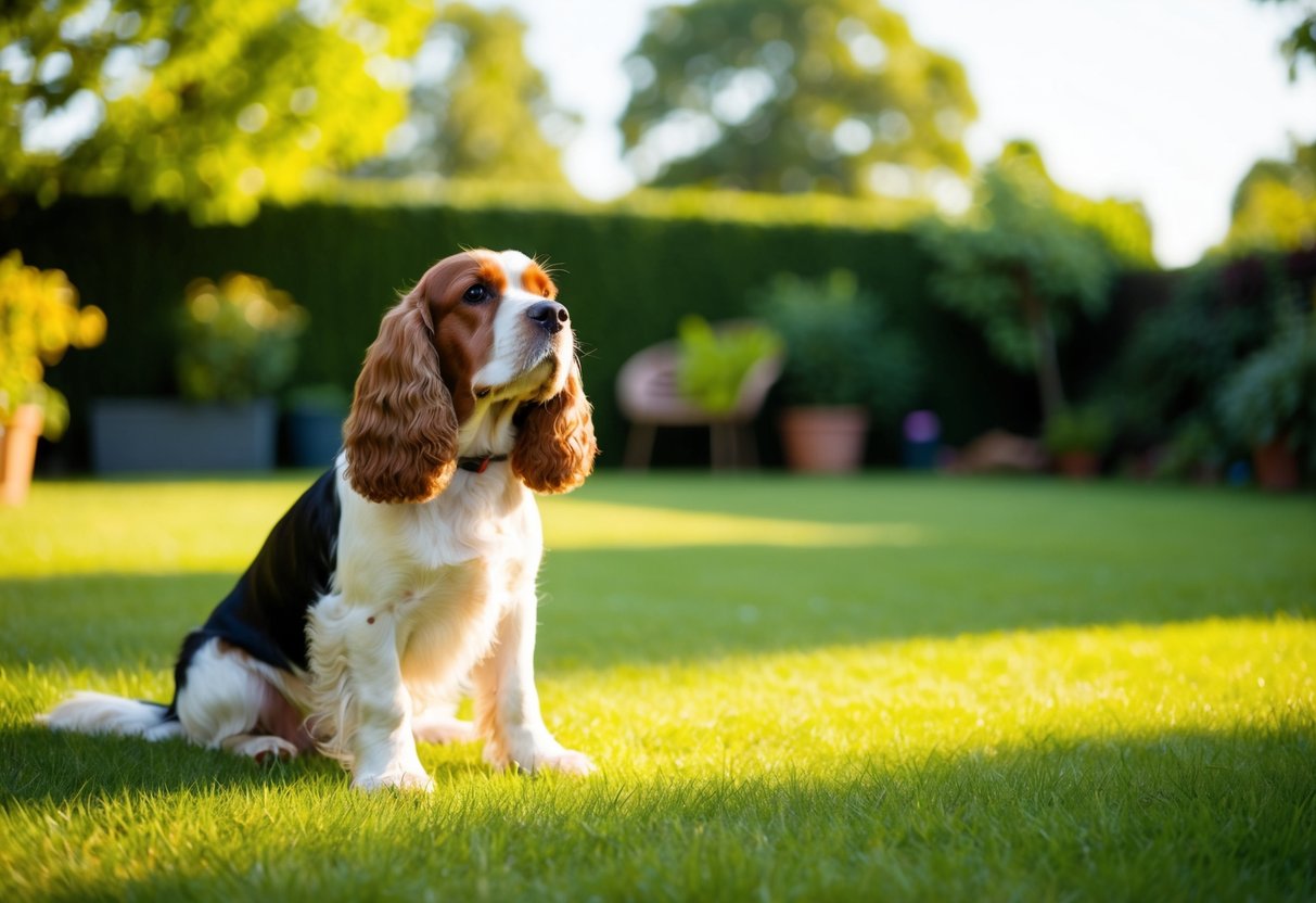 A cocker spaniel sits contentedly in a spacious backyard, surrounded by lush greenery and basking in the warm sunlight