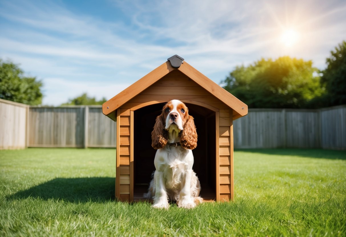 A Cocker Spaniel sitting in a cozy outdoor dog house, surrounded by a spacious and secure fenced yard, with a sunny sky overhead