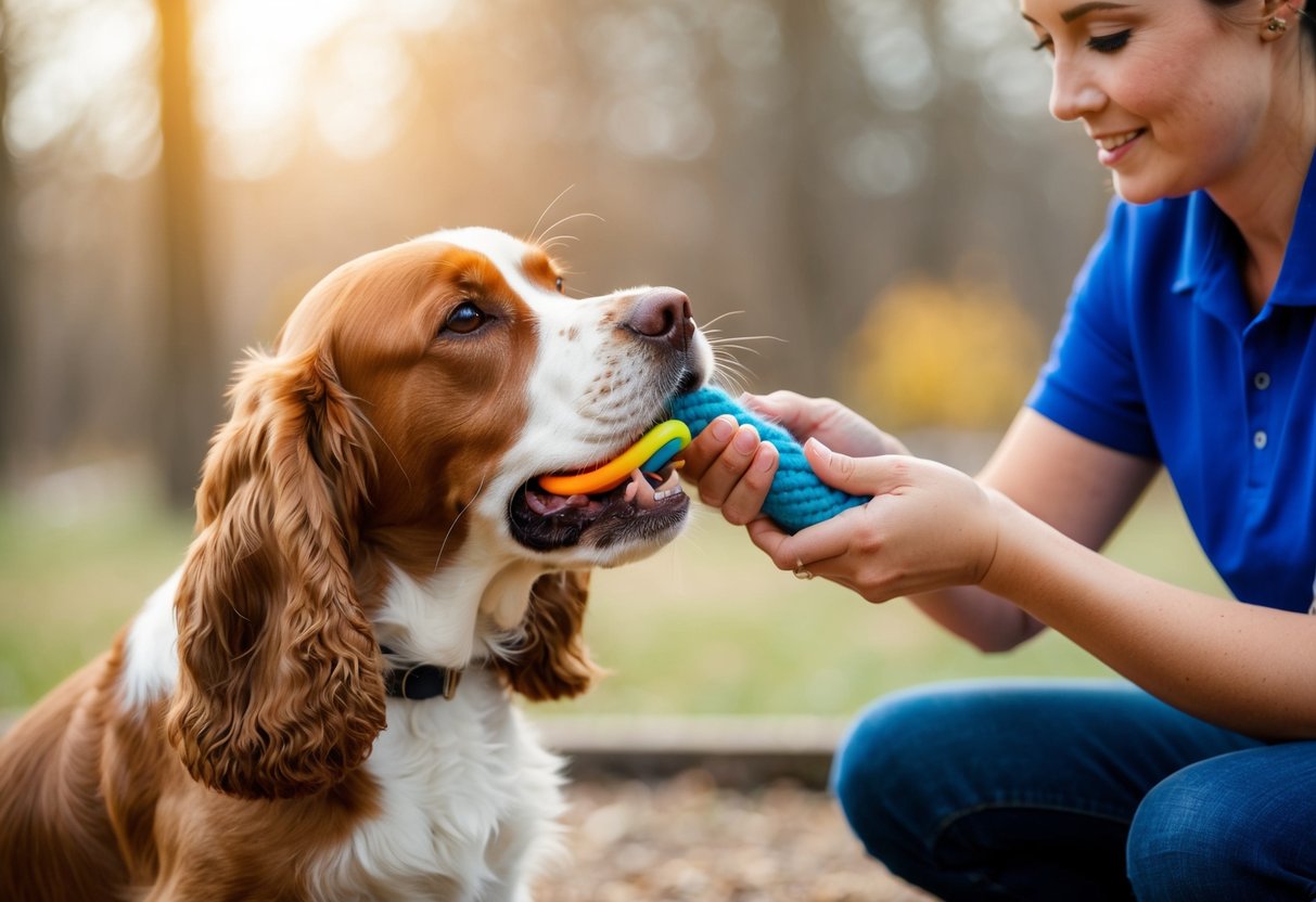 A cocker spaniel nipping at a chew toy while a trainer uses positive reinforcement techniques to redirect the behavior