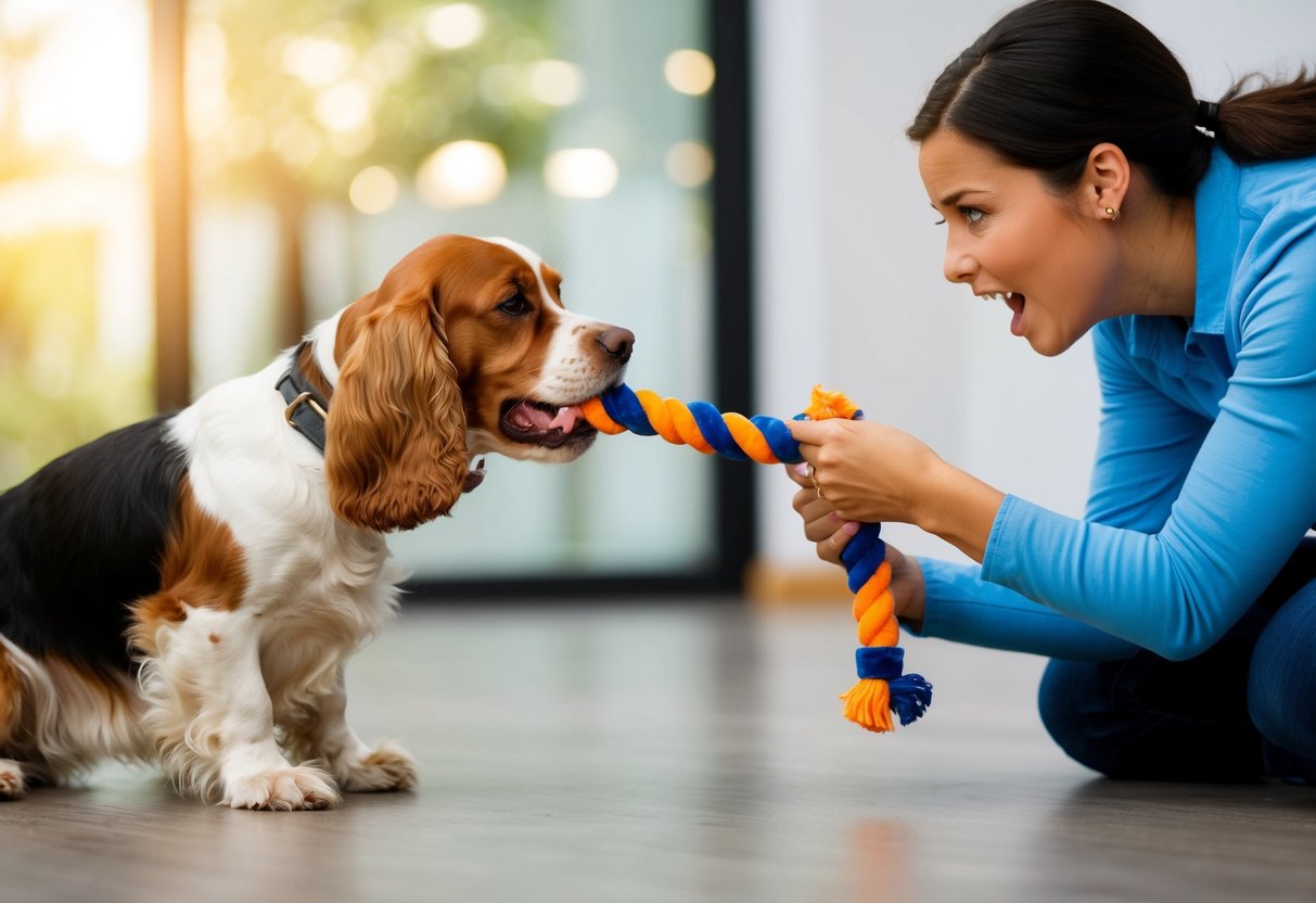 A cocker spaniel nipping at a toy, with a frustrated owner trying to redirect the dog's attention to a chew toy