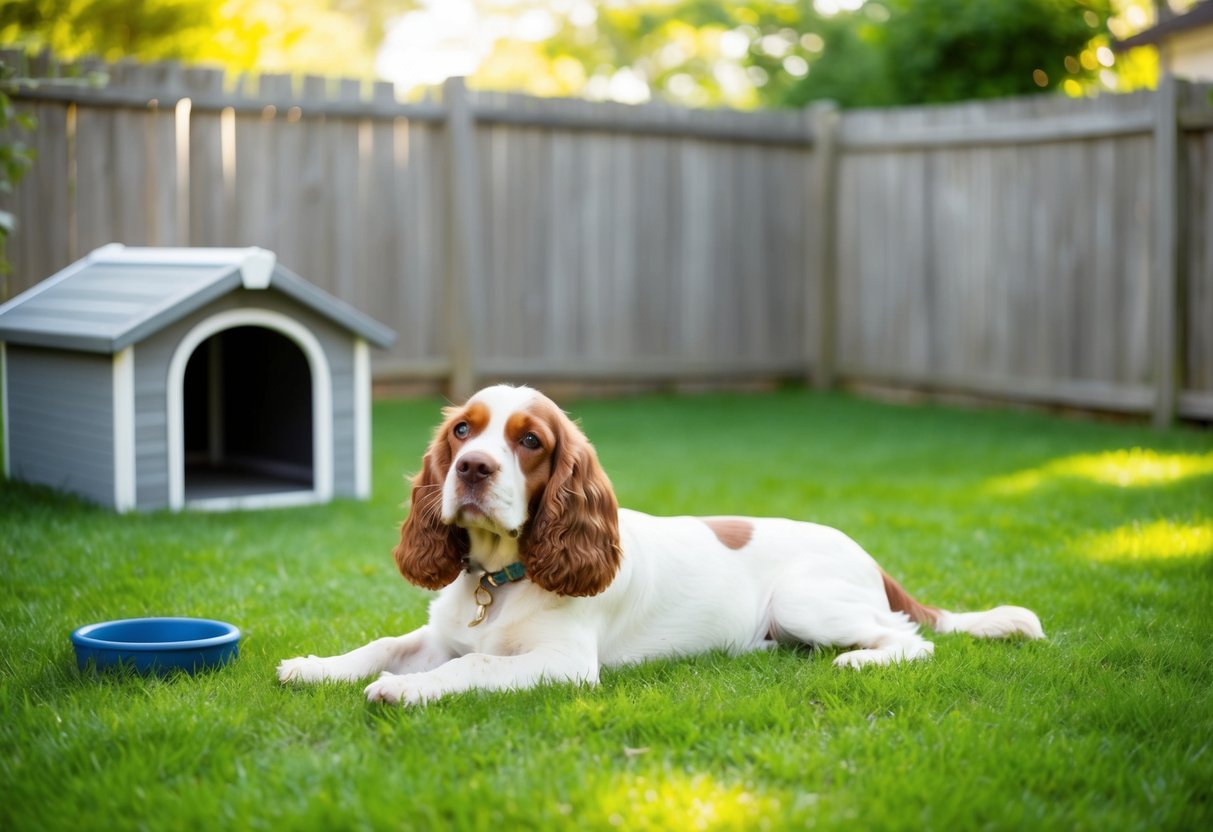 A cocker spaniel lounges in a fenced backyard, with a cozy dog house, water bowl, and shaded area. The yard is free of hazards and equipped with proper fencing
