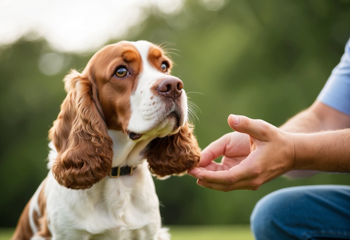 A show cocker spaniel eagerly seeks attention from its owner, wagging its tail and looking up with big, pleading eyes