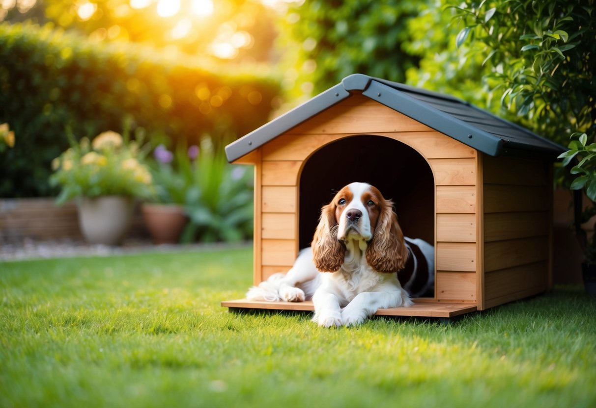 A cozy doghouse nestled in a lush garden, with a cocker spaniel lounging comfortably outside, basking in the warm sunlight
