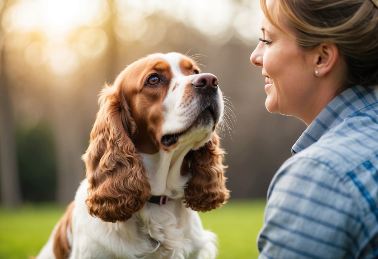 A show cocker spaniel eagerly seeks attention, wagging its tail and looking up at its owner with adoring eyes