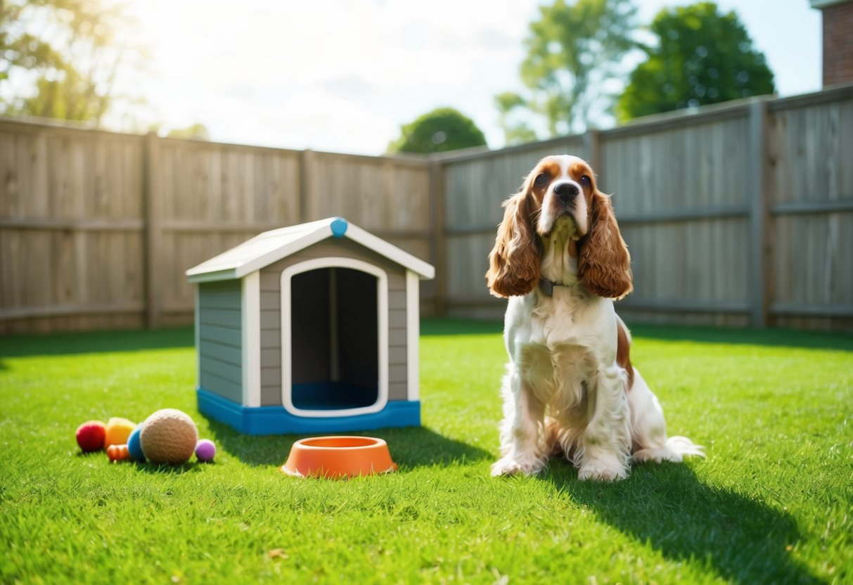 A cocker spaniel sits in a spacious, fenced backyard, with a doghouse, water bowl, and toys scattered around. The sun is shining, and the dog looks content