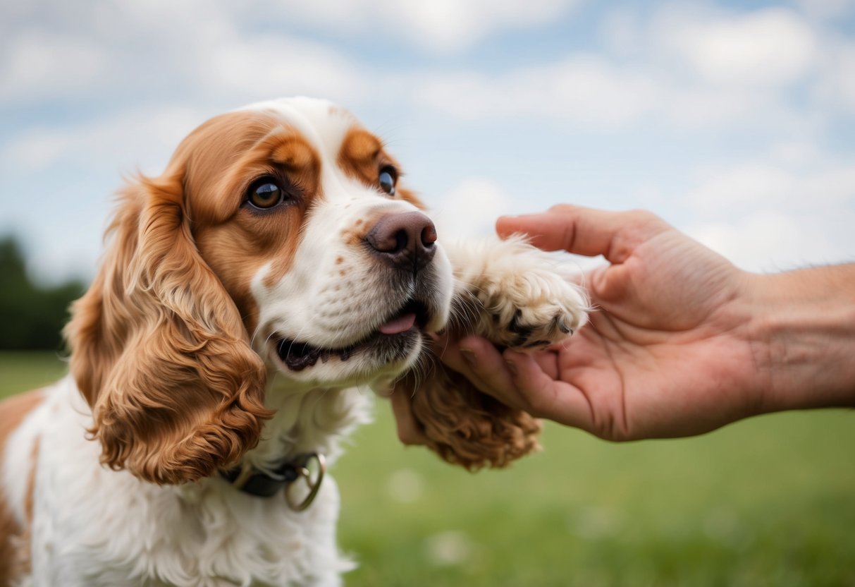 A fluffy show cocker spaniel eagerly nuzzles against its owner's hand, begging for attention with its expressive eyes and wagging tail