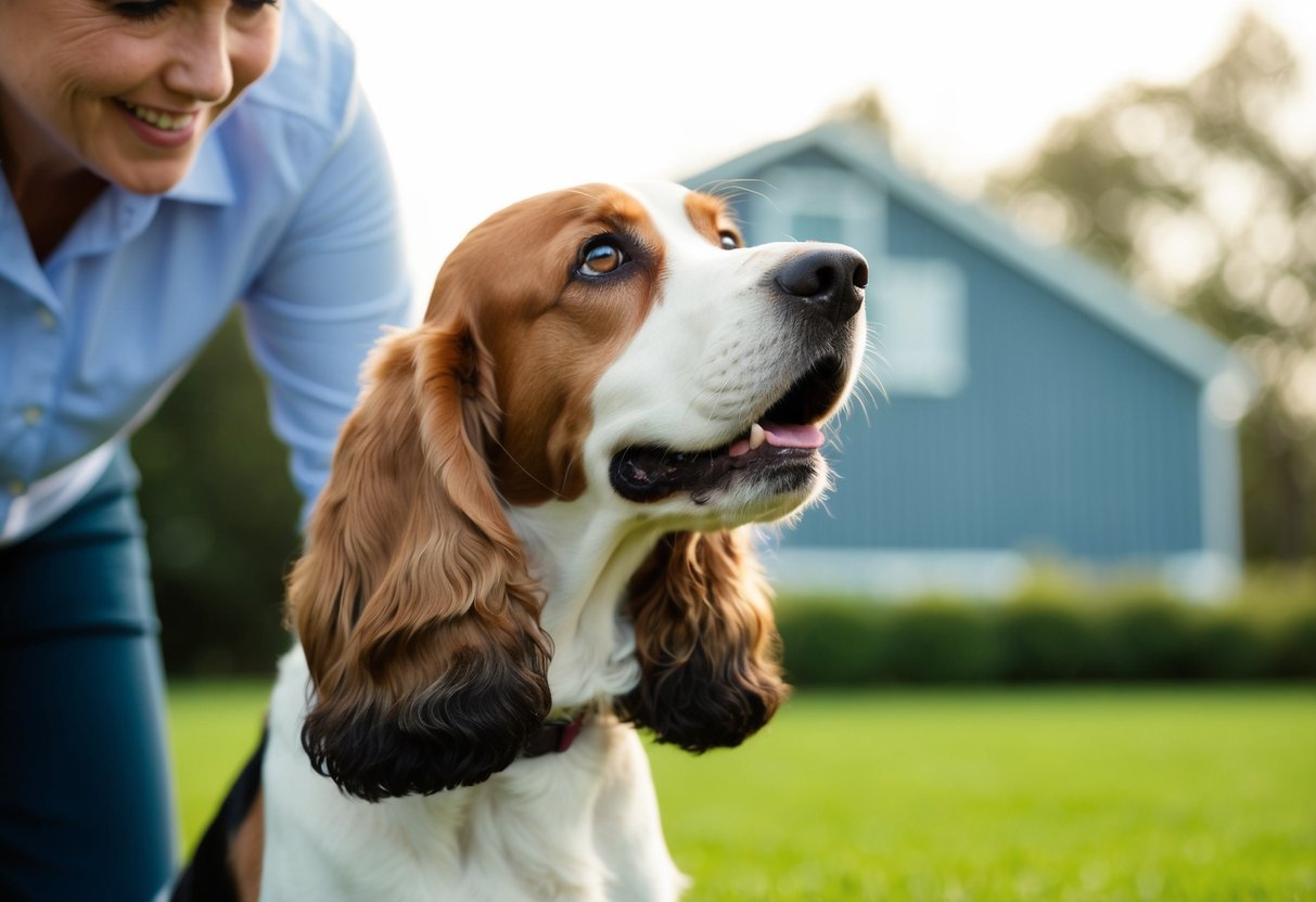 A show cocker eagerly seeking attention from its owner, wagging its tail and looking up with hopeful eyes