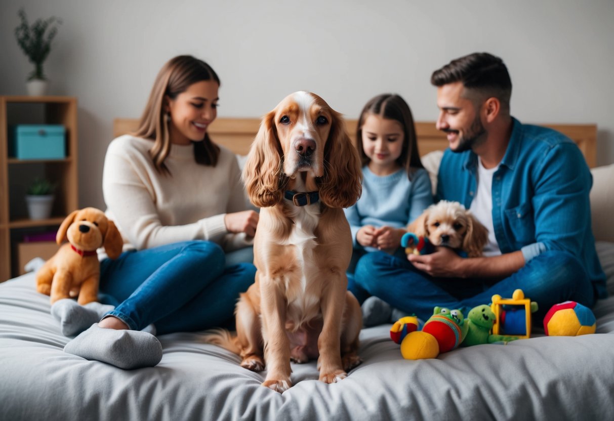 A show cocker sits contentedly at the feet of a family, surrounded by toys and a cozy bed, as they all enjoy a quiet evening together